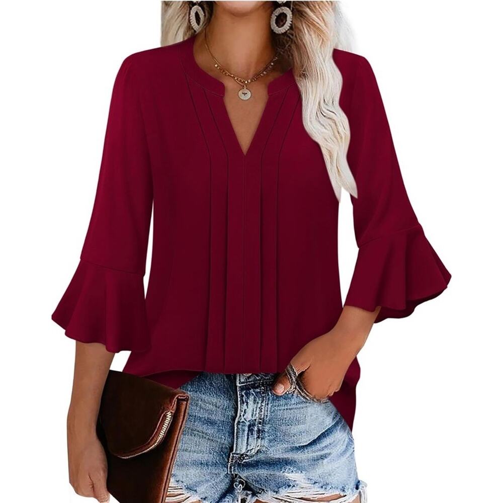 Youtalia Women’s 3/4 Sleeve Dressy Casual Business Work Blouse Chiffon Shirt Red